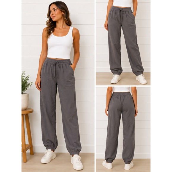 Becool Pants - Becool Women Charcoal Grey Elastic Waist Drawstring Jogger Pants Size Medium